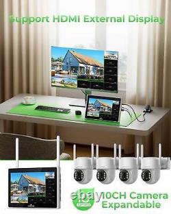 4MP PTZ Wireless Home Security Camera System Solar Wifi 10'' Monitor NVR+500GB