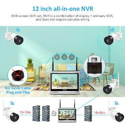 5MP HD Wireless Security Camera System Outdoor WiFi 12'' Monitor CCTV NVR Home