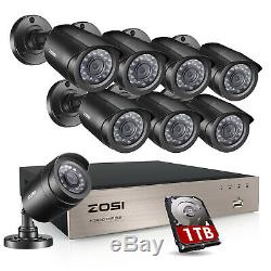 ZOSI HD 8CH 1080P DVR 720P Outdoor Home Surveillance Security Camera System 1TB