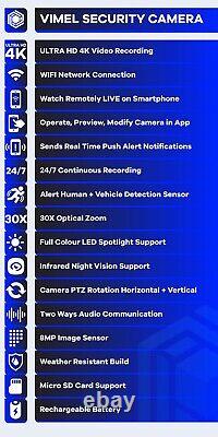 Caméra de sécurité domestique WIFI UHD 4K surveillance extérieure 30X détection de véhicules et d'humains